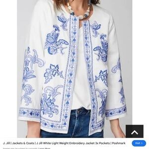 J. Jill White Cotton Jacket with Blue Embroidery NWOT Large